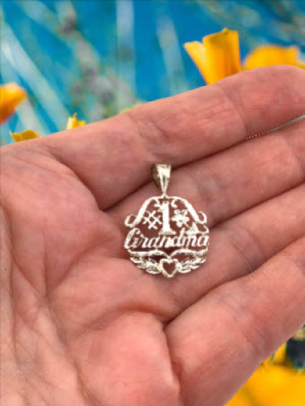 Vintage #1 Grandma Pendant 925 Sterling Silver Heart Flower Keepsake for Nana